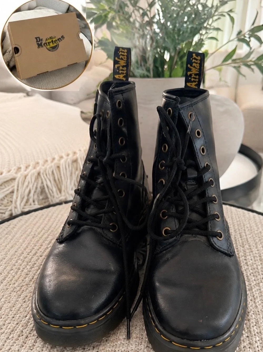 Dr. Martens Black Leather Lace-Up Boots with Yellow Stitching